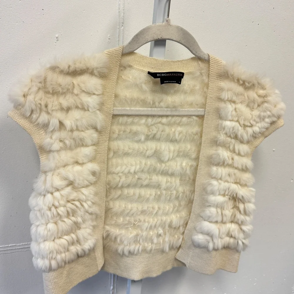 BCBGMAXAZRIA Rabbit Fur Wool Knit Shrug Vest Bolero Cream Ivory FUE40607 Medium
